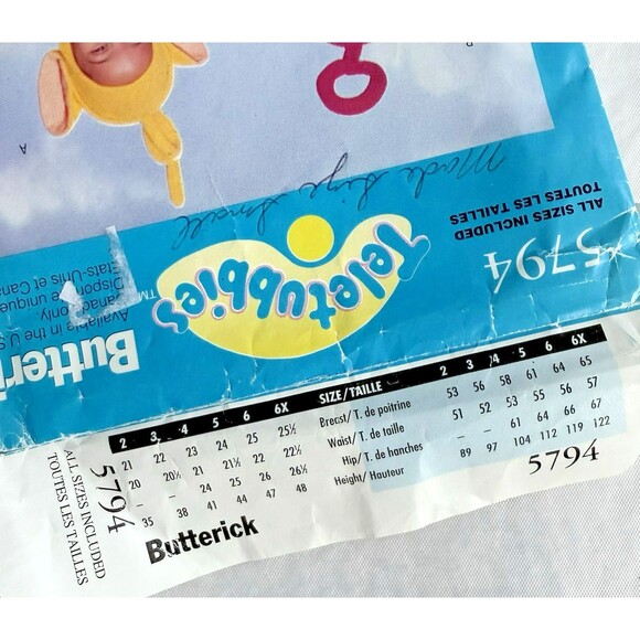 Vtg BUTTERICK 5794 Sewing Pattern TELETUBBIES LaLa Po Costume Kids 2-4 Halloween - Picture 2 of 5